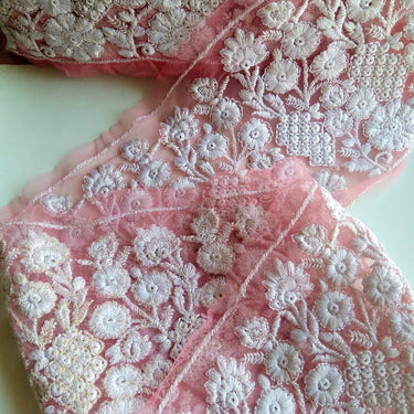 Pink Net Lace Trim With Embroidered White Flowers, Approx. 15cm Wide - 200317L174